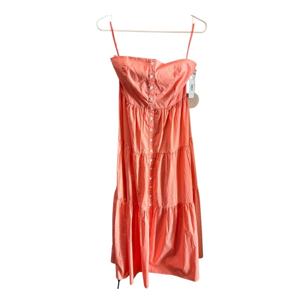 STAUD Elroy Dress Grapefruit Coral Smocked Tiered Midi Strapless Button Front M